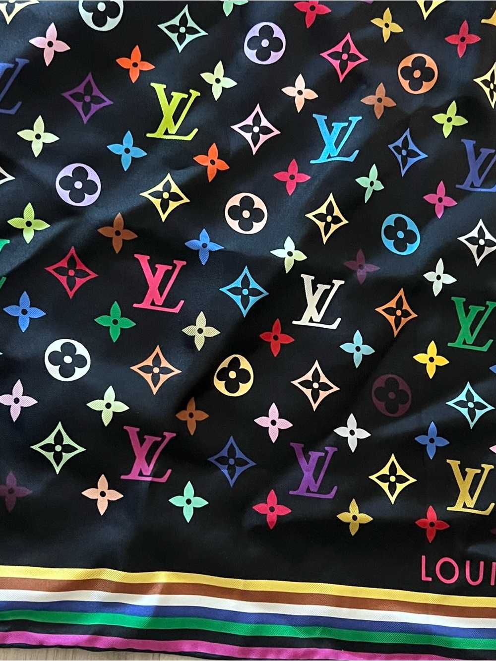 Louis Vuitton Multicolor Monogram Silk Scarf on Black Murakami